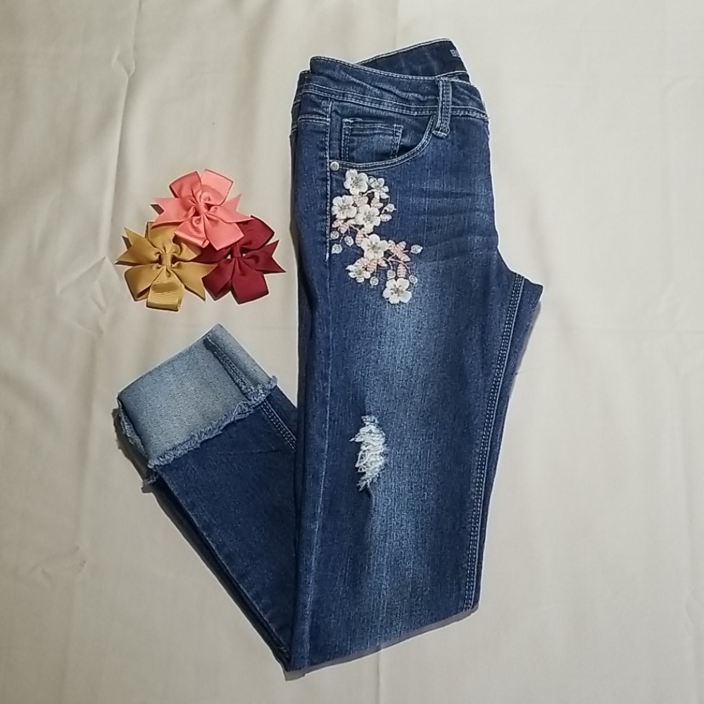 Blue Spice Embroidered Flower Jean cuffs